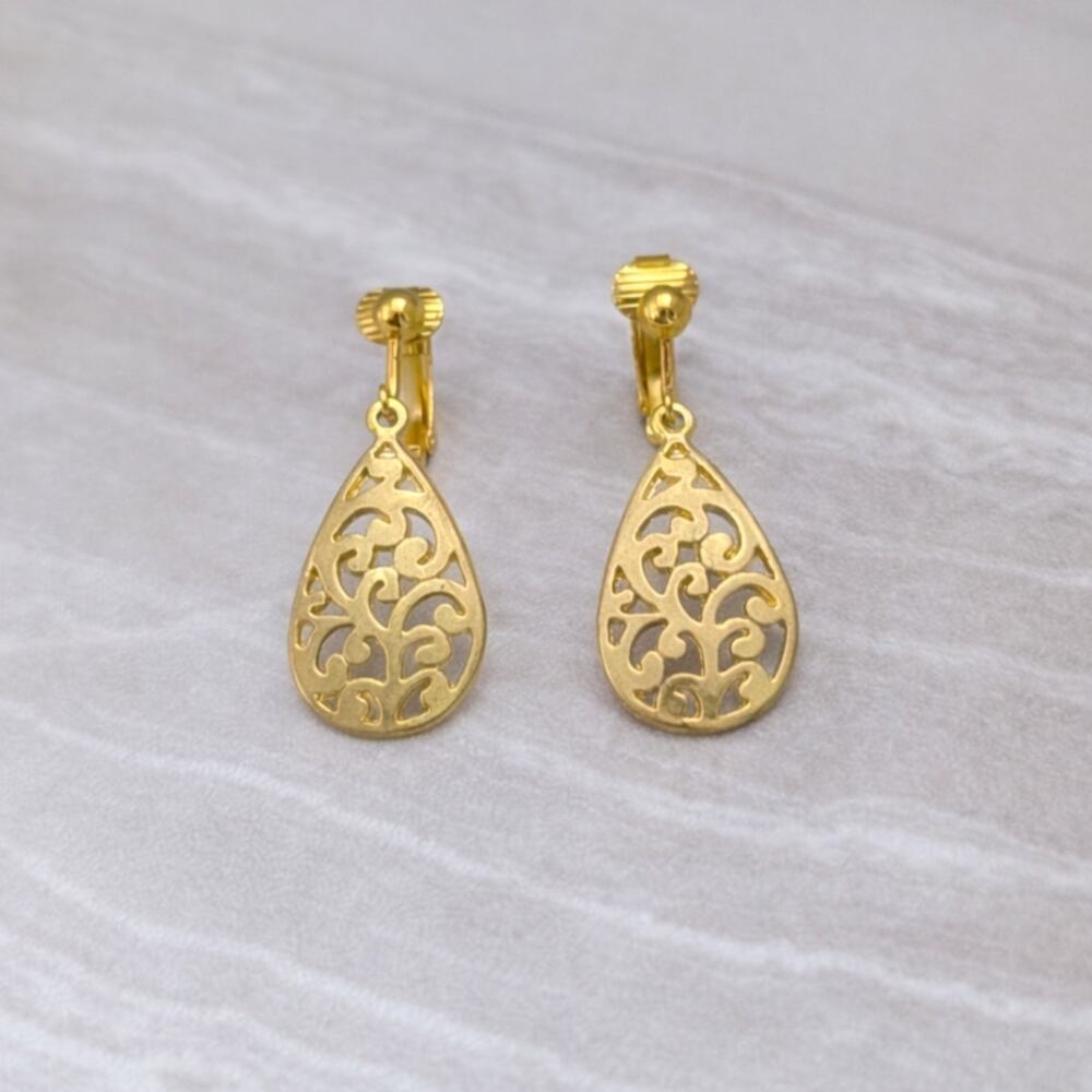 Vintage Clip On Earrings Gold Tone Ornate Cut Out Teardrop Shape Dangle Drop